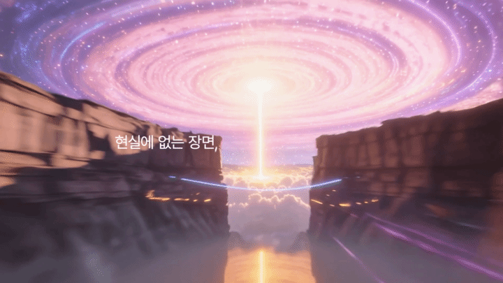 밝은 빛이 있는 장면 아래에 한국어 자막이 놓인 화면