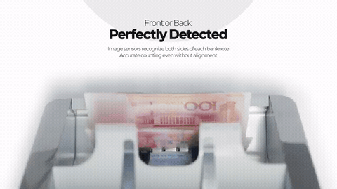 지폐 앞뒷면을 인식하는 장면에 「Perfectly Detected」 영문 설명이 붙은 화면