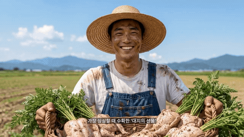 밀짚모자를 쓴 농부가 흙 묻은 채소 바구니를 들고 밭에 서 있는 컷에서 황금빛 강 위 작은 나룻배 컷으로 넘어가는 화면