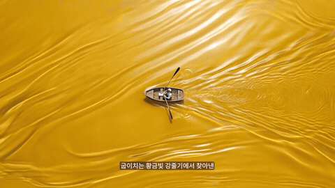 황금빛 강 위에 작은 나룻배가 떠 있는 컷과, 흰 가운을 입은 손이 그 강물에 비커를 담그는 컷