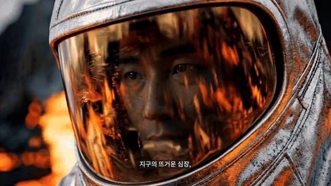 방열복과 헬멧을 쓴 사람이 화산 분화구 앞에서 냄비를 젓는 컷과, 헬멧 유리에 불길이 비친 클로즈업