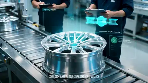컨베이어 위를 지나가는 자동차 휠 위로 검사 항목이 뜬 하늘색 홀로그램 화면이 겹쳐지는 AI 합성 장면