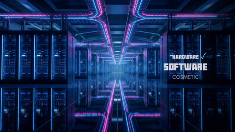 보라·파랑 네온 서버 복도 AI 장면에 SOFTWARE 문구