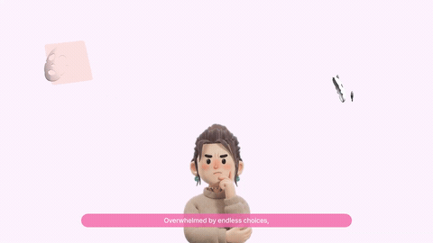 분홍 배경에서 3D 캐릭터가 물음표와 화장품 아이콘 사이에서 고민하는 장면